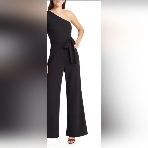 NY & Co Sexy Sleek Wide Leg 1 Shoulder Belted Jumpsuit Black NWT Sz.M $80 retail - Picture 2 of 12
